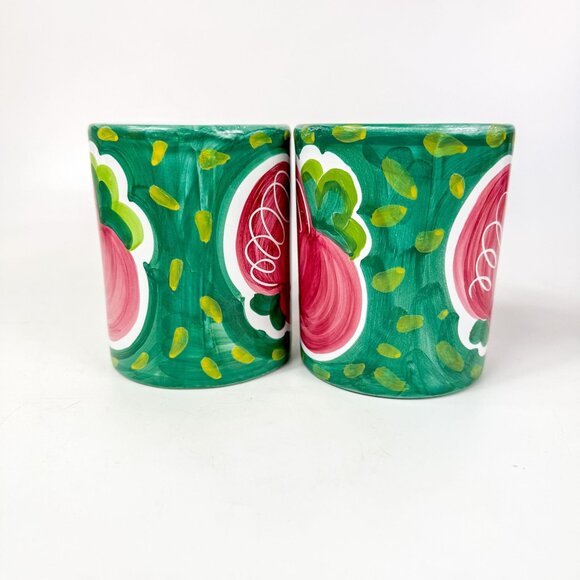 Ceramiche Sberna Deruta Italy Hand-Painted Fruit Mugs Cups Set Of 2 Pink Green - Picture 2 of 6